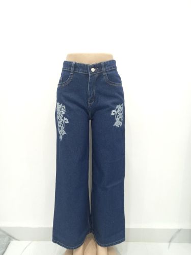 Ladies Dark Blue Embroidered Wide Leg Denim Jeans