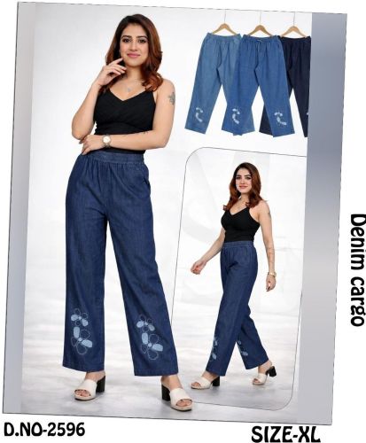Ladies Dark Blue Printed Denim Wide Leg Pant