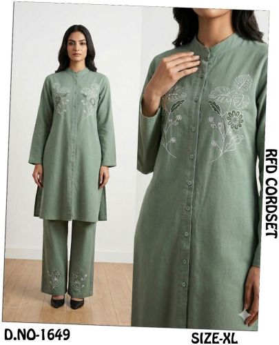 Ladies Embroidered Cotton Long Kurti Co-ord Set