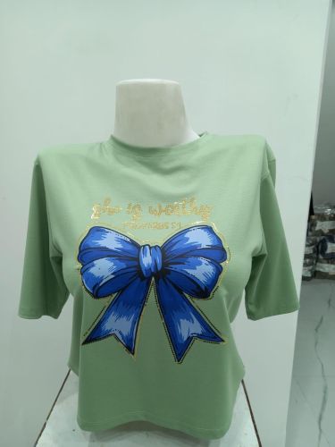 Ladies Green Bow Graphic Round Neck T-Shirt