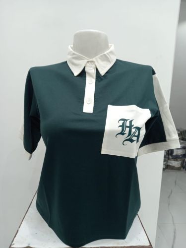Ladies Green Contrast Pocket Polo Collar T-Shirt
