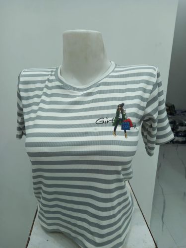 Ladies Grey & White Striped Graphic Round Neck T-Shirt