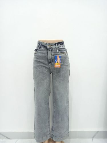Ladies Grey High Waist Wide Leg Denim Jeans