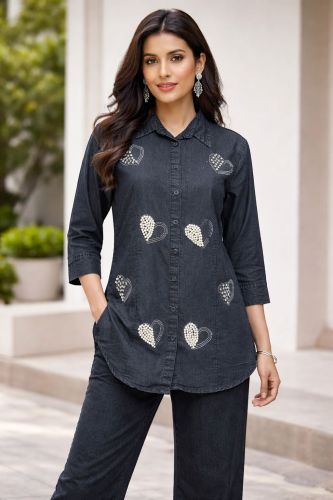 Ladies Heart Print Denim Co-ord Set