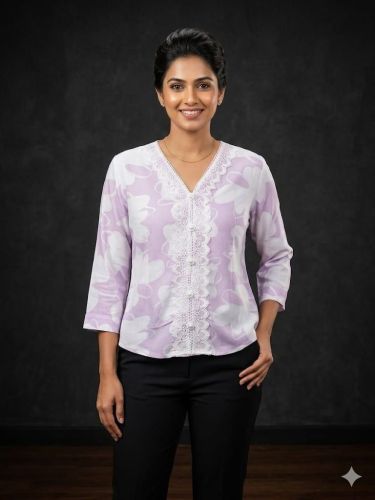 Ladies Lavender Floral Lace Panel V Neck Casual Top