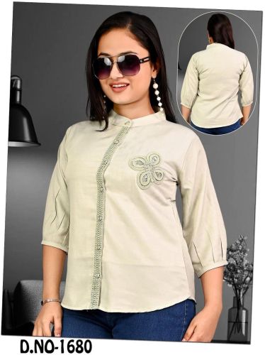Ladies Light Olive Embroidered Lace Placket Casual Top
