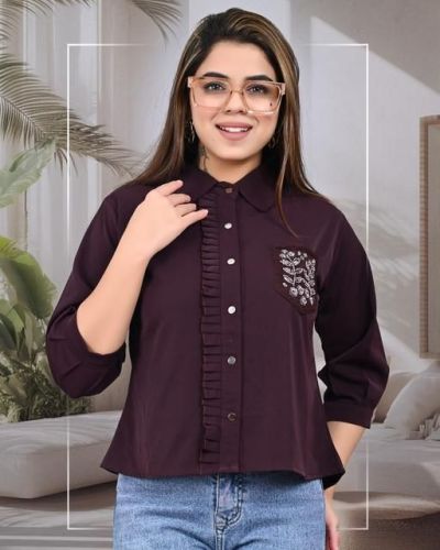 Ladies Maroon Frill Panel Shirt