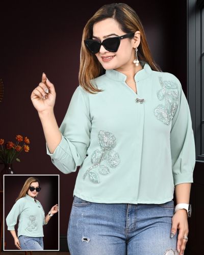 Ladies Mint Green Embroidered Mandarin Neck Top
