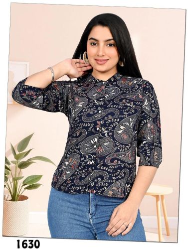 Ladies Navy Blue Paisley Print Mandarin Neck Top