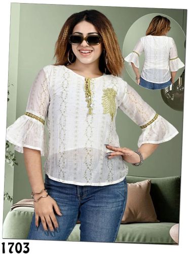 Ladies Off White Embroidered Tassel Neck Casual Top