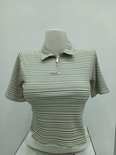Ladies Olive Stripe Zip Collar T-Shirt