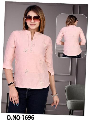 Ladies Peach Embroidered Button Placket Casual Top