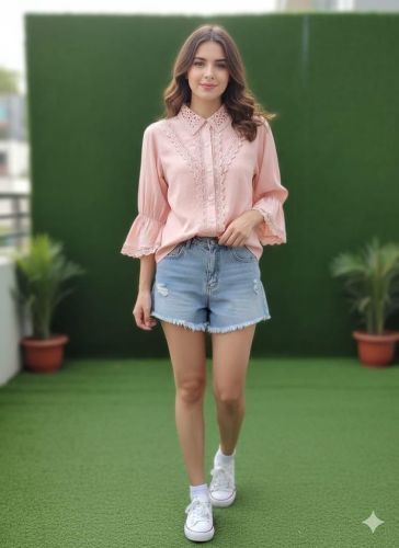 Ladies Peach Lace Panel Button Front Shirt Top