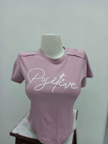 Ladies Pink Positive Print Round Neck T-Shirt