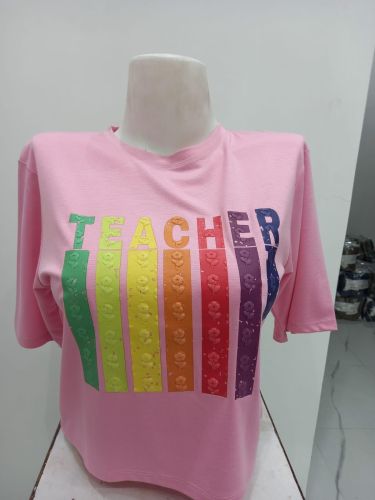 Ladies Pink Teacher Graphic Round Neck T-Shirt