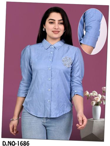 Ladies Sky Blue Embroidered Button Front Casual Shirt Top