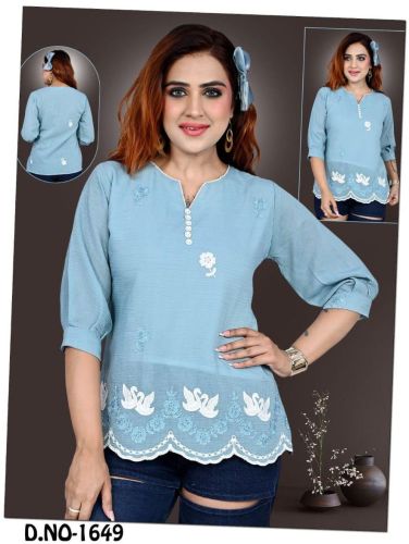 Ladies Sky Blue Embroidered Button Placket Casual Top