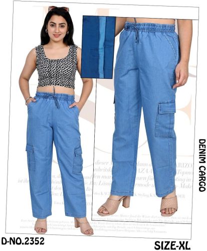Ladies Sky Blue Straight Fit Denim Cargo Pant