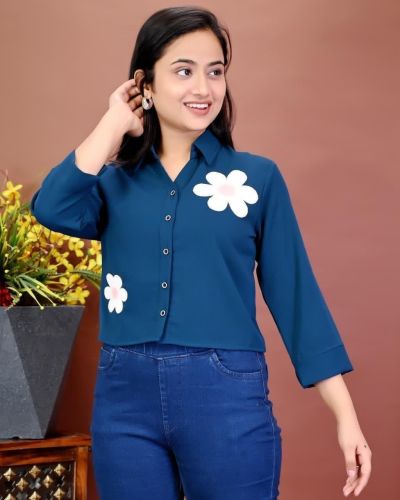 Ladies Teal Blue Floral Print Casual Shirt