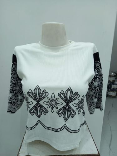 Ladies White &AMP; Black Embroidered Ribbed Top