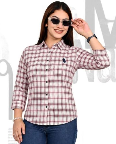 Ladies White Red Check Printed Casual Shirt