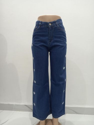Women Blue Minimal Print Wide Leg Denim Jeans