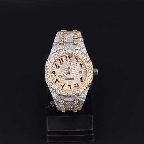 Gold Tone Arabic Dial Two Tone Full Iced Out Moissanite Diamond Watch
