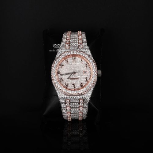 Rose Gold Tone Arabic Dial Luxury Full Iced Out Moissanite Diamond Watch