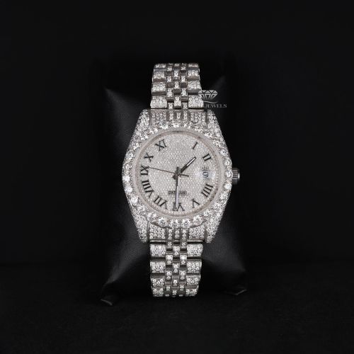 White Tone Roman Dial Luxury Full Iced Out Moissanite Diamond Watch