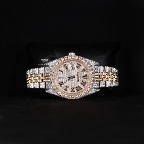Two Tone Gold Silver Roman Dial Luxury Full Iced Out Moissanite Diamond Watch