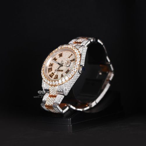 White Yellow Tone Roman Dial Luxury Full Iced Out Moissanite Diamond Watch