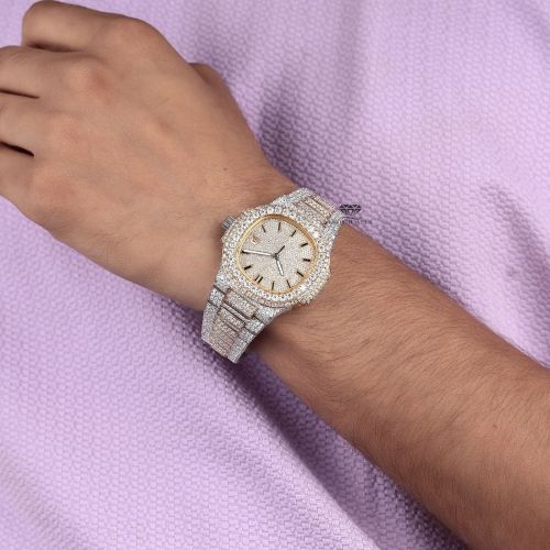 White Yellow Tone Stick Dial Full Iced Out Moissanite Diamond Watch