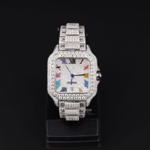 White Tone Square Rainbow Full Iced Out Moissanite Diamond Watch