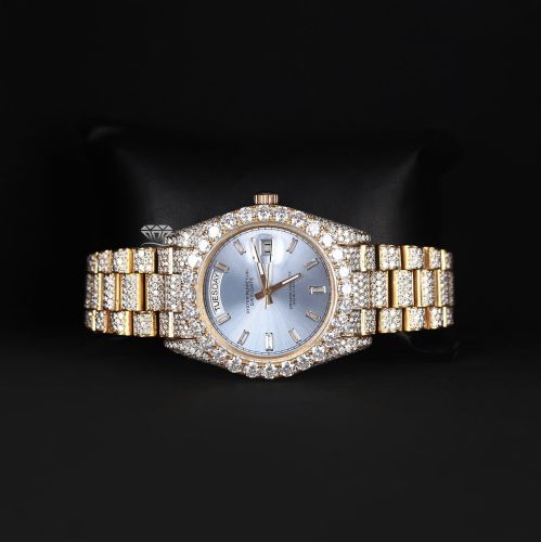 Ice Blue Dial Yellow Tone Iced Out Moissanite Diamond Watch