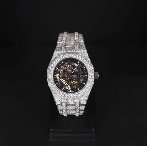 Round Skeleton Dial White Tone Iced Out Moissanite Diamond Watch