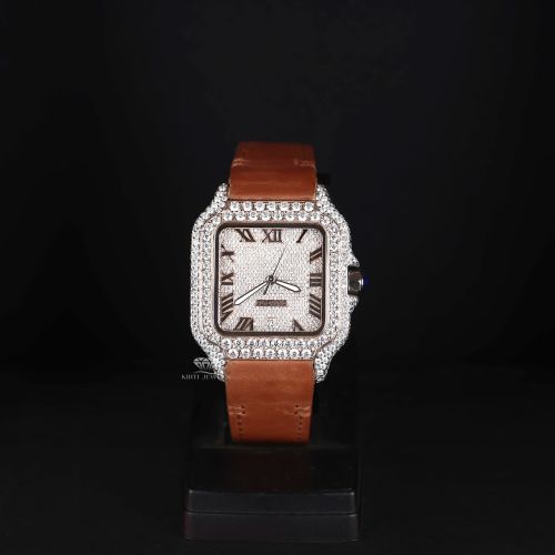 Square Case Brown Leather Strap White Tone Iced Moissanite Diamond Watch