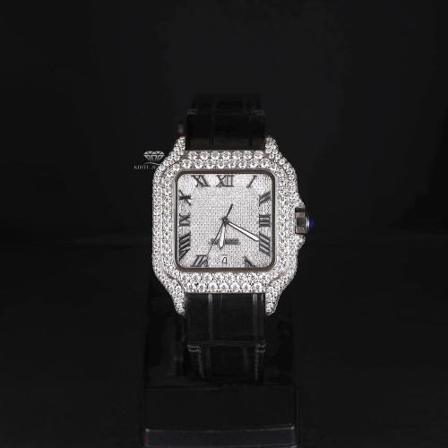 Square Case Black Leather Strap White Tone Iced Moissanite Diamond Watch