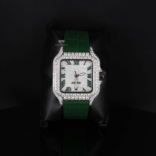 Square Case Green Leather Strap White Tone Iced Diamond Watch