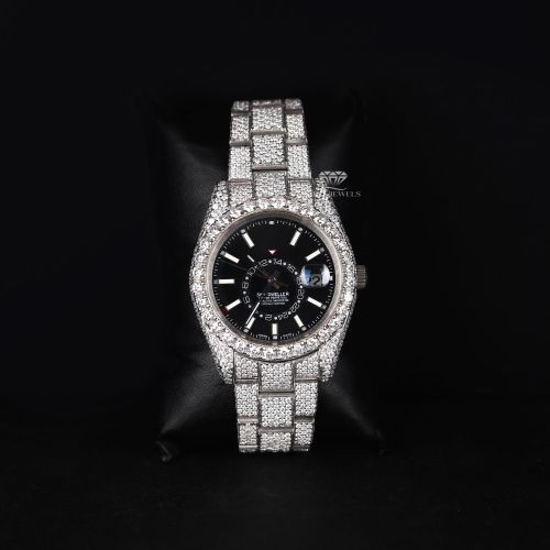 Black Dial Round Case White Tone Iced Out Moissanite Diamond Watch