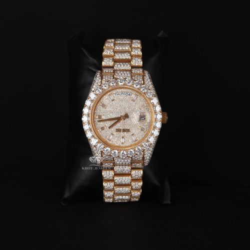 Yellow Tone Round Case Iced Bezel Yellow Tone Diamond Watch