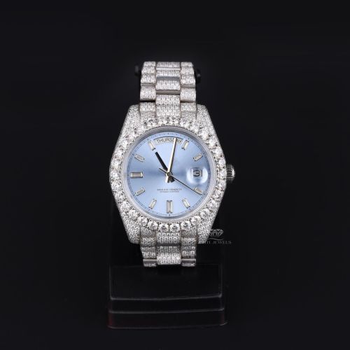 Ice Light Blue Dial Round Case White Tone Iced Diamond Watch
