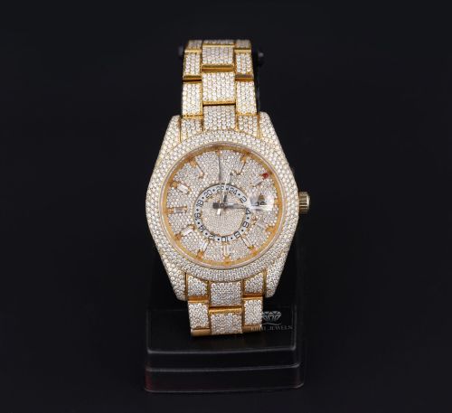 Round Case Yellow Tone Iced Out Moissanite Diamond Watch