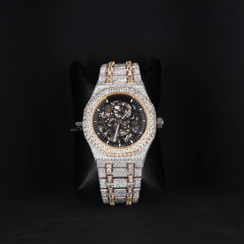 Skeleton Dial Round Case White Yellow Tone Iced Out Moissanite Diamond Watch
