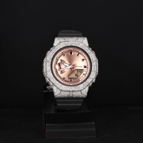 Rose Gold Dial Analog Digital Iced Out Moissanite Diamond Watch