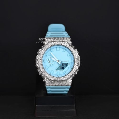 Sky Blue Dial Analog Digital Sport Moissanite Diamond Watch
