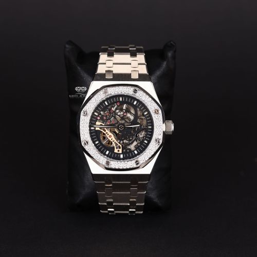 White Tone Iced Out Octagonal Skeleton Automatic Quartz Wrist Watch