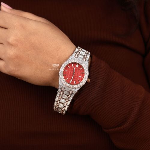Round Red Dial Two Tone  Rose Gold Diamond Quartz Wrist Watch