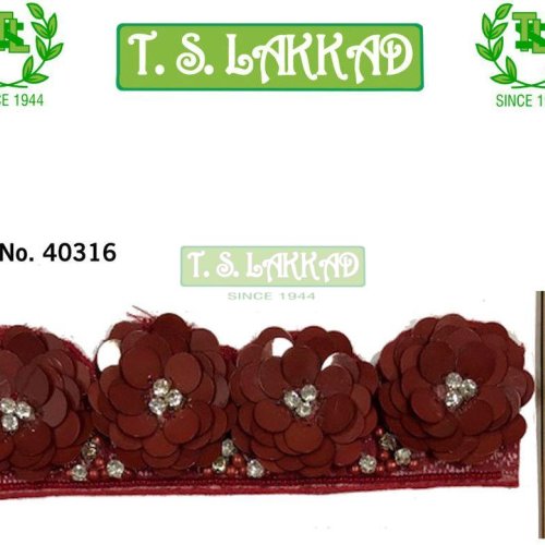 Maroon 3D Sequin Flower Embroidery Badge Strip