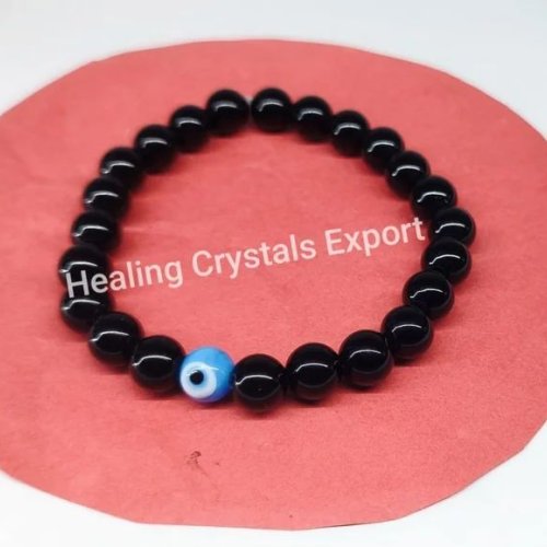 Black Obsidian Beaded Stretch Bracelet with Evil Eye
