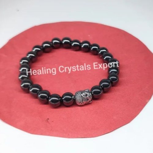 Hematite Beaded Stretch Bracelet with Buddha Head Charm